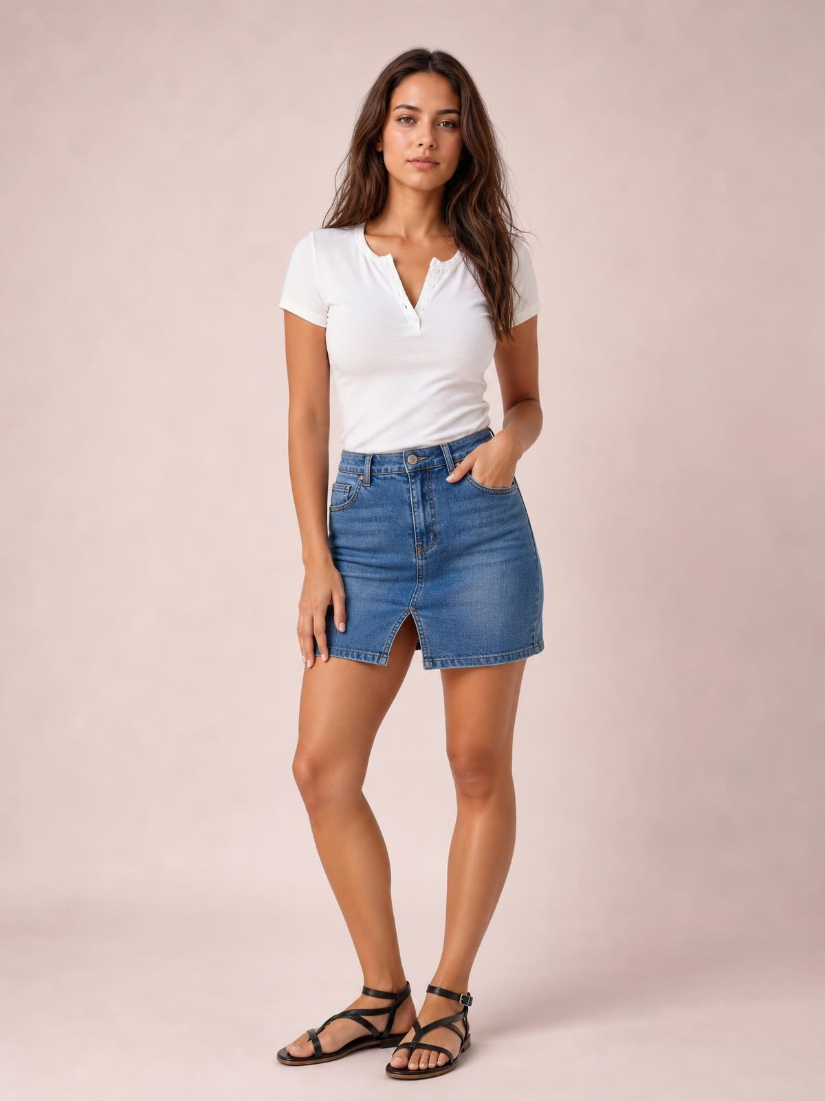 A model wears a fitted white button-detail short sleeve T-shirt with a split neckline, standing with one hand in her pocket and one leg crossed.