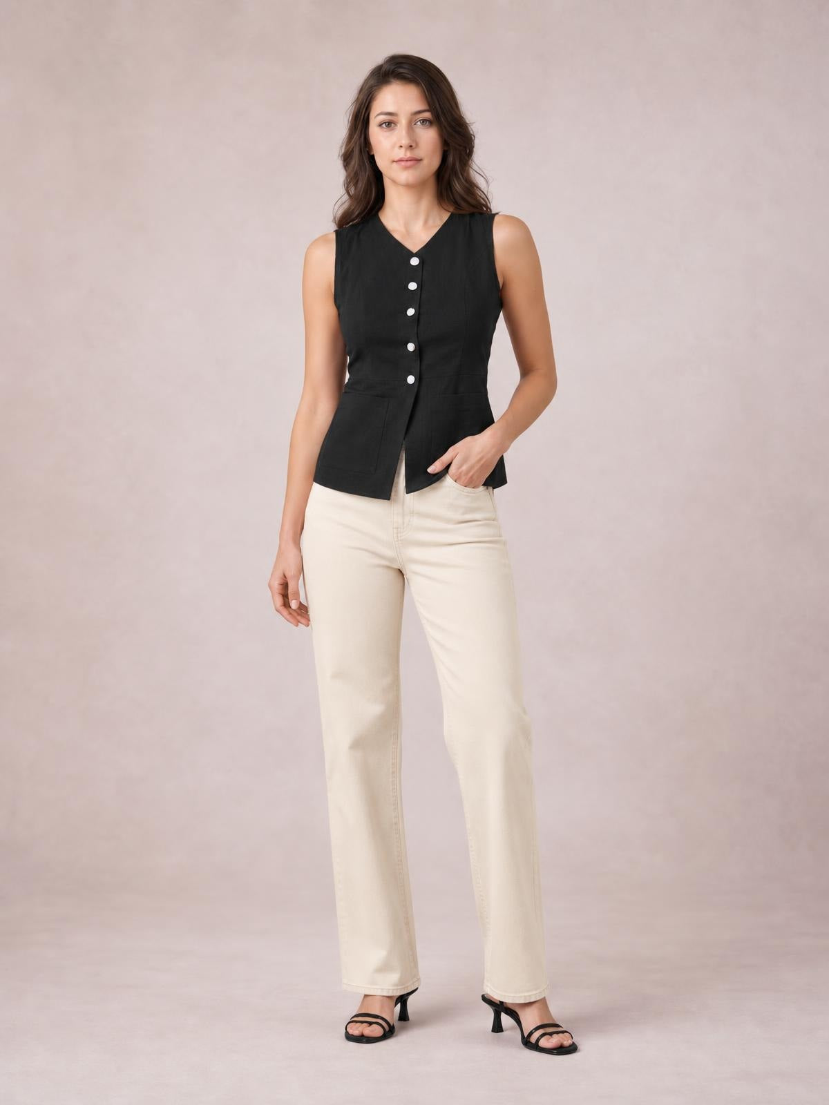 Model wearing a black sleeveless V-neck top with a button-down front, tailored waist, and visible front pockets, posing with one hand in a pocket.