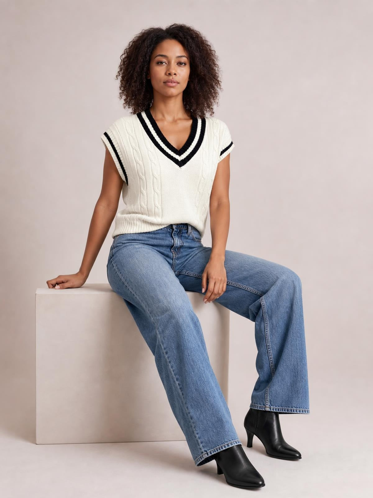 Model seated in a cream cable-knit V-neck sweater vest with black striped trim, ribbed edges, a relaxed silhouette, and short arm openings.
