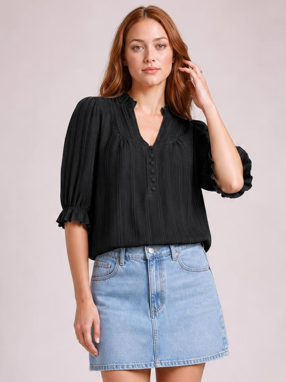 Frill Notched Short Sleeve Blouse · Rule Full Body - Medium / Three-Quarter