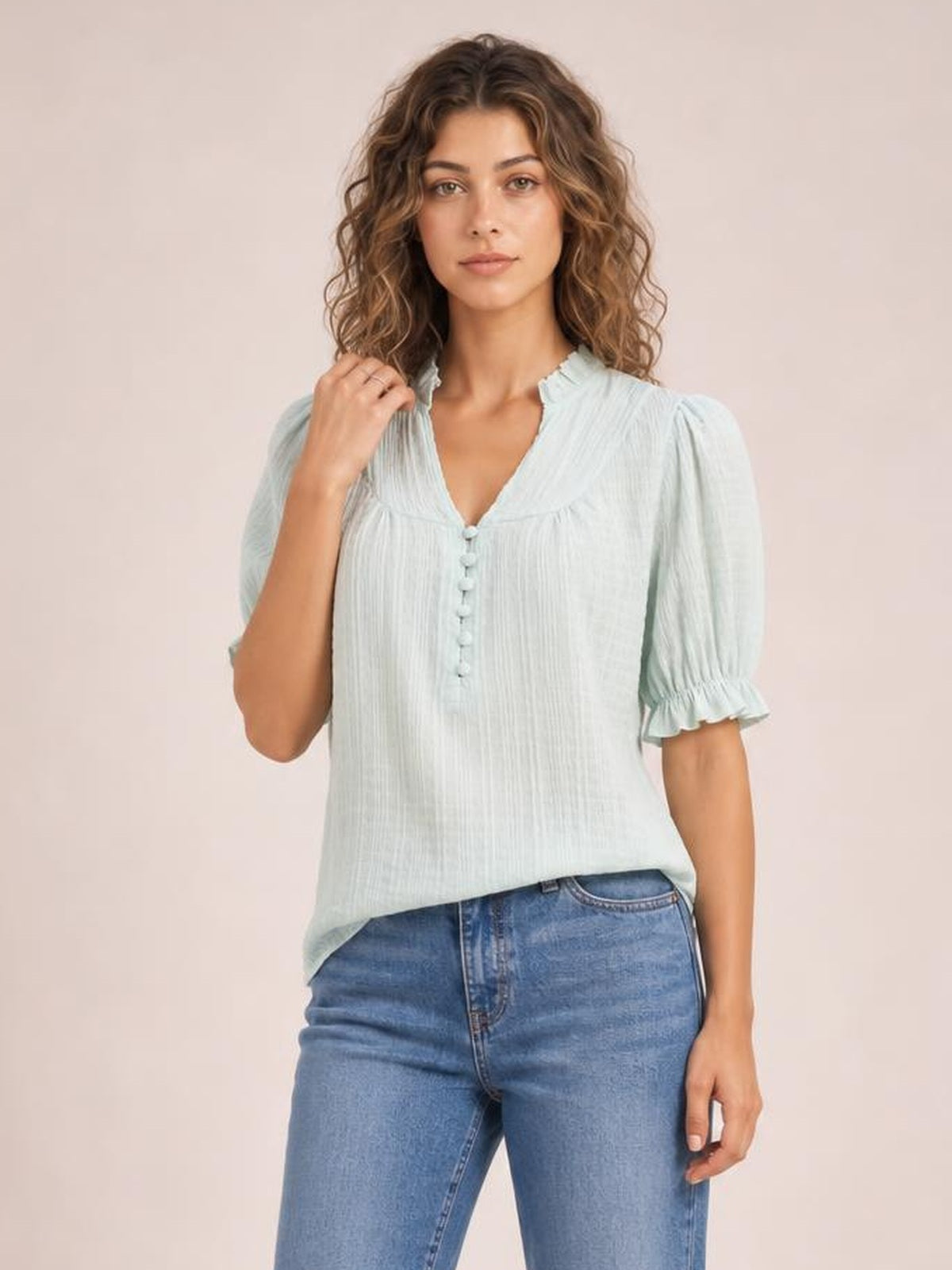 Frill Notched Short Sleeve Blouse · Rule Full Body - Medium / Three-Quarter