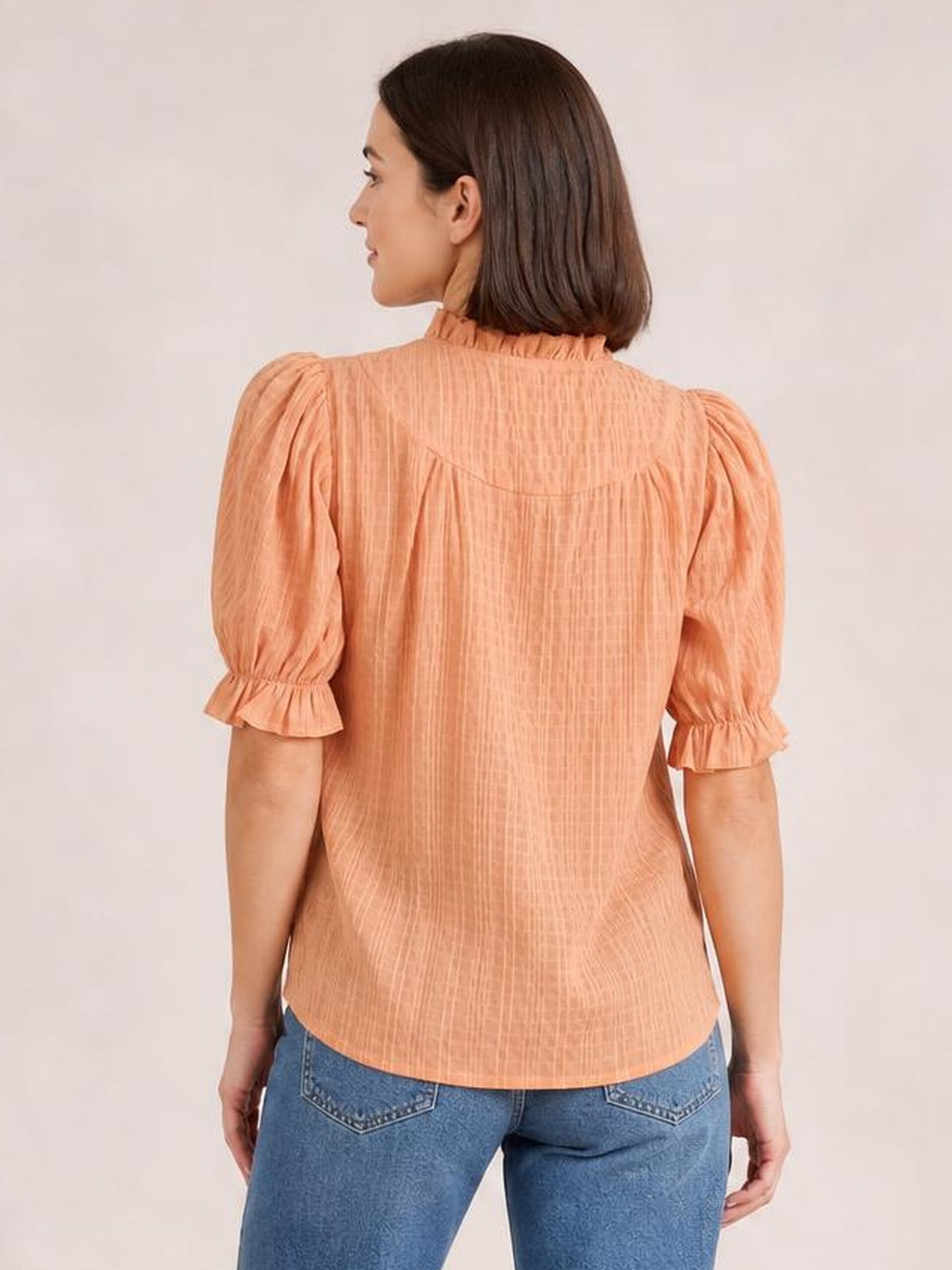 Frill Notched Short Sleeve Blouse · Rule Full Body - Back View