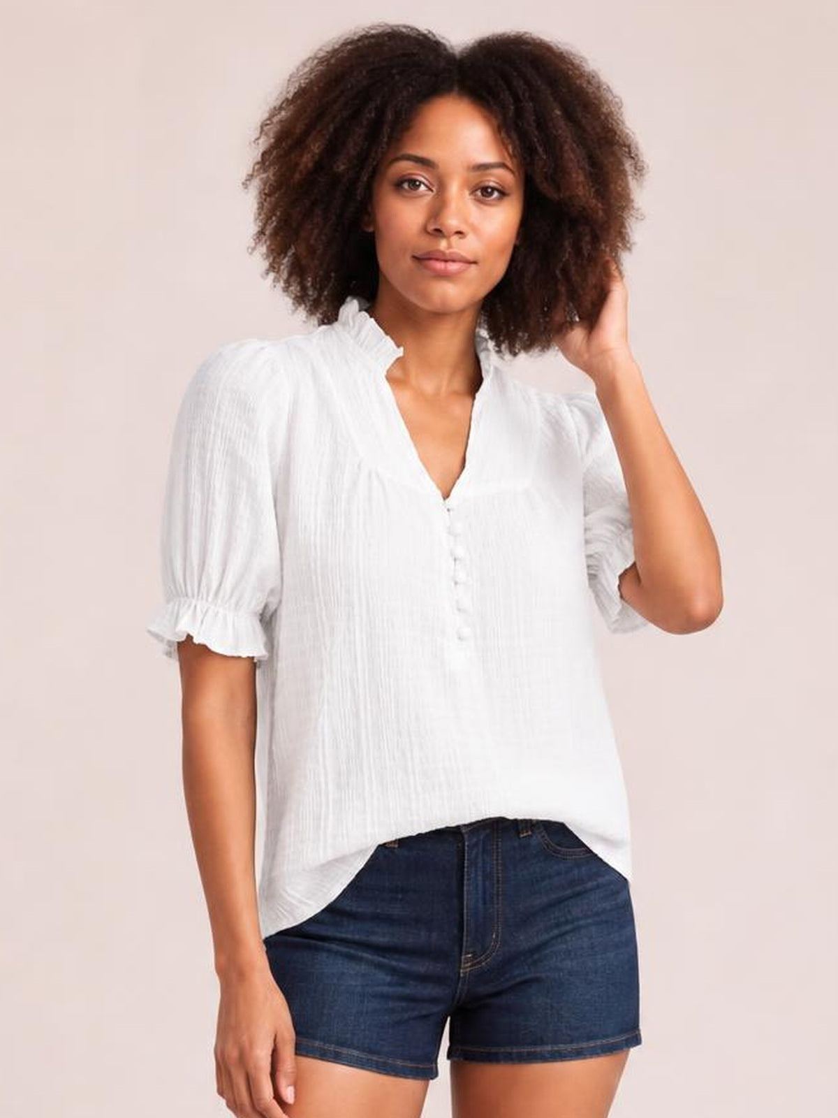 Frill Notched Short Sleeve Blouse · Rule Full Body - Medium / Three-Quarter