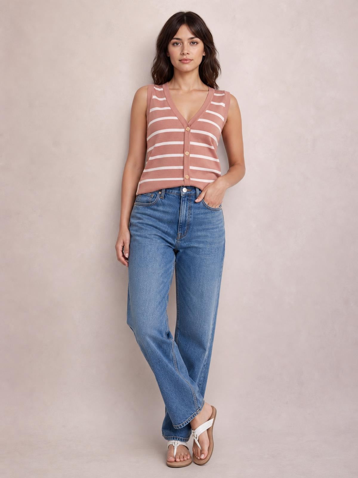 Model wears a dusty rose striped V-neck knit tank with a fitted sleeveless silhouette, contrast trim, and three-button front closure.