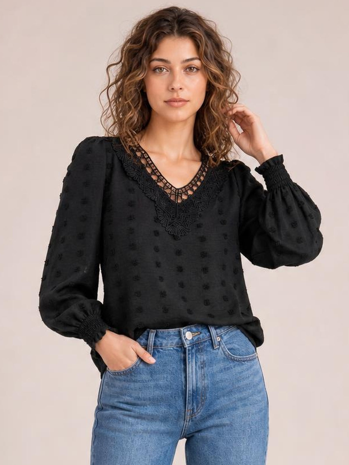 Swiss Dot Lace Detail V-Neck Long Sleeve Blouse · Rule Full Body - Medium / Three-Quarter