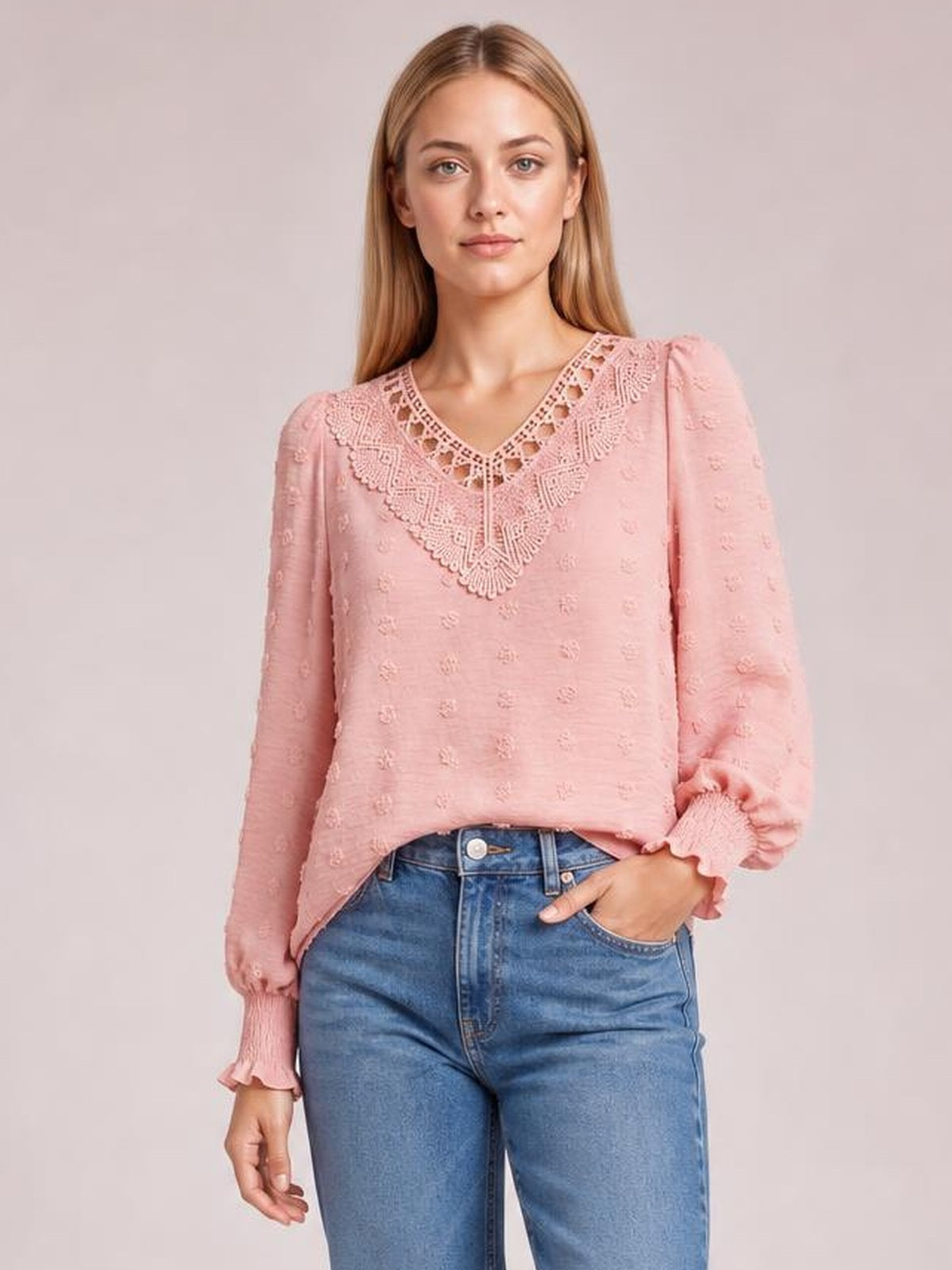 Swiss Dot Lace Detail V-Neck Long Sleeve Blouse · Rule Full Body - Hero Full Body
