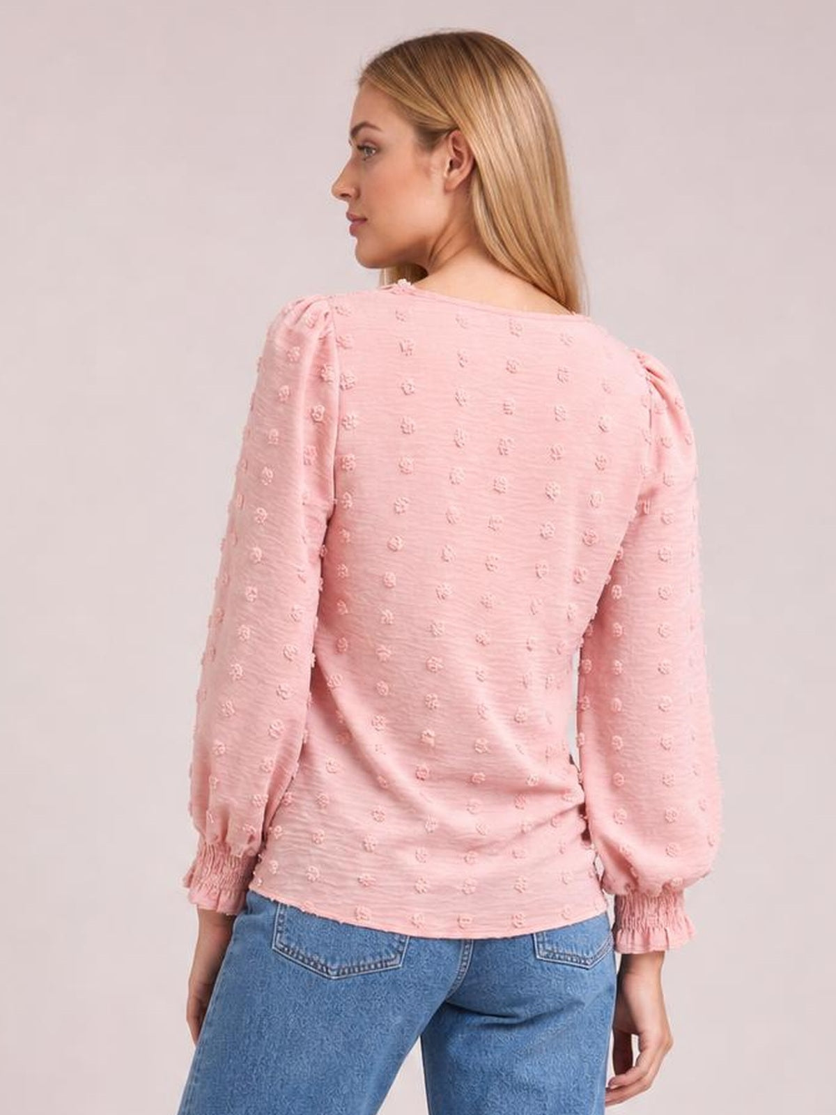 Swiss Dot Lace Detail V-Neck Long Sleeve Blouse · Rule Full Body - Back View