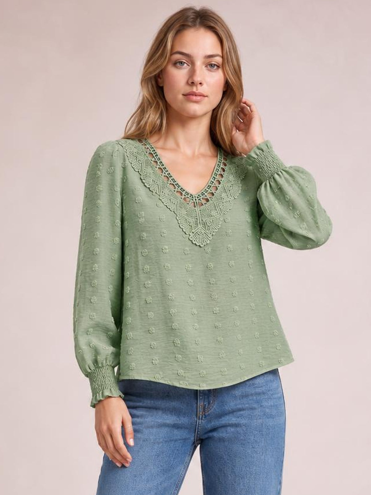 Swiss Dot Lace Detail V-Neck Long Sleeve Blouse · Rule Full Body - Medium / Three-Quarter