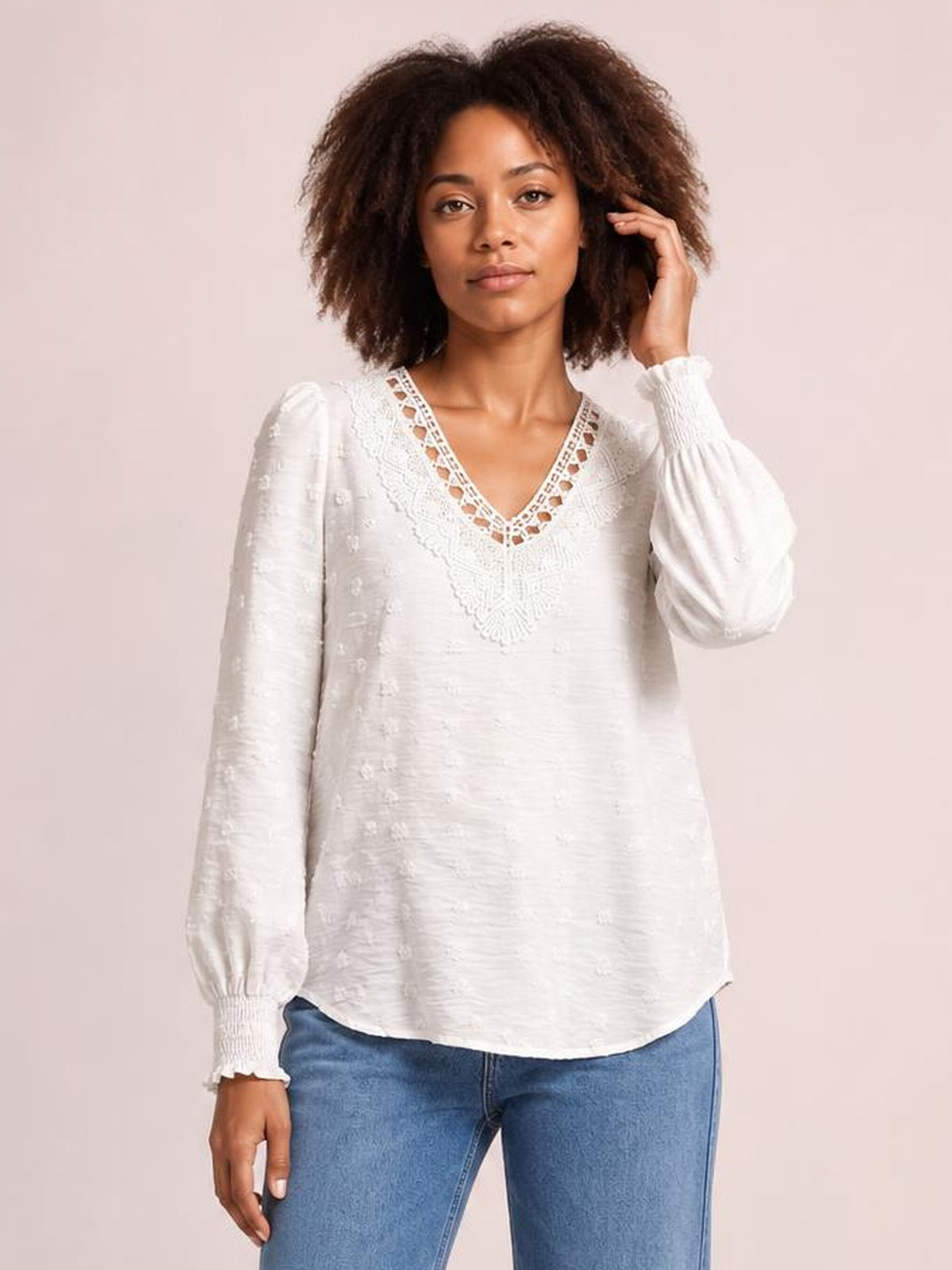 Swiss Dot Lace Detail V-Neck Long Sleeve Blouse · Rule Full Body - Medium / Three-Quarter