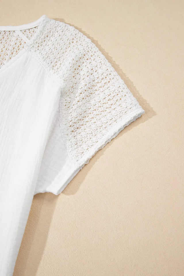 Lace Crochet Textured Button Back V Neck T Shirt