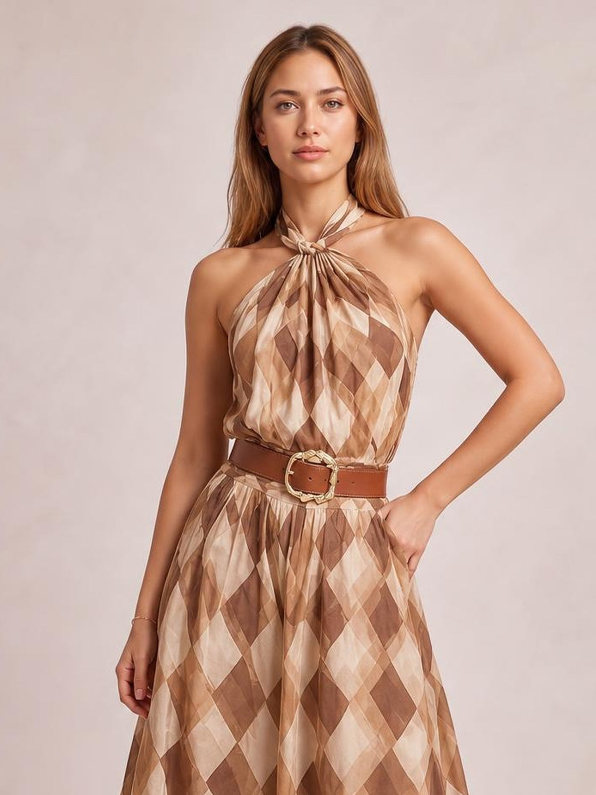 A model poses in a brown and cream diamond-pattern halter neck maxi dress with a twisted neckline, gathered bodice, and flowing full-length silhouette.