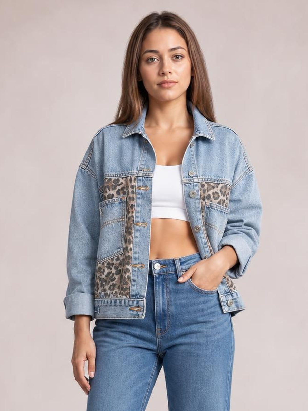 Distressed Leopard Drop Shoulder Denim Jacket · Rule Full Body - Hero Full Body