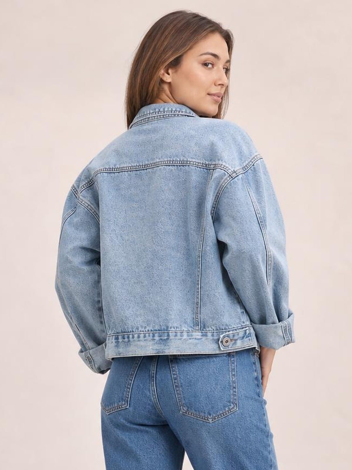 Distressed Leopard Drop Shoulder Denim Jacket · Rule Full Body - Back View · Full / Three-Quarter