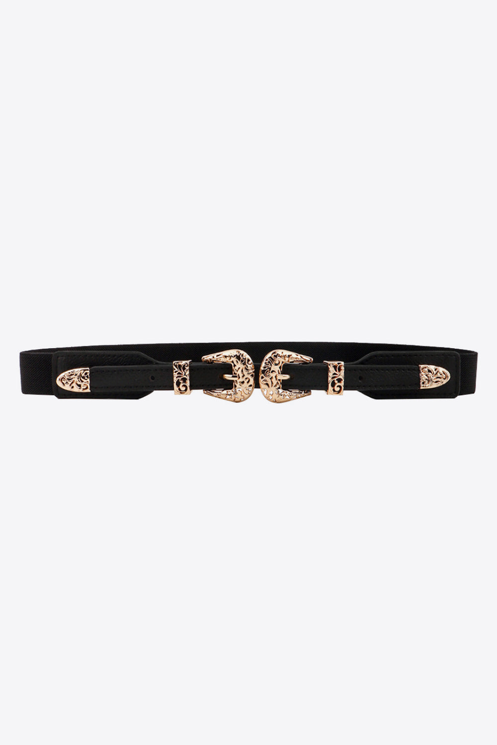Black 1-inch elastic waist belt with a structured silhouette, layered PU sections, and ornate double alloy buckles at the center.