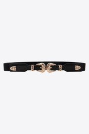 Black 1-inch elastic waist belt with a structured silhouette, layered PU sections, and ornate double alloy buckles at the center.