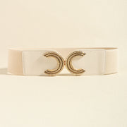 A cream elastic waist belt features a wide structured band, stitched PU panels, and a sculptural gold-tone double C buckle.