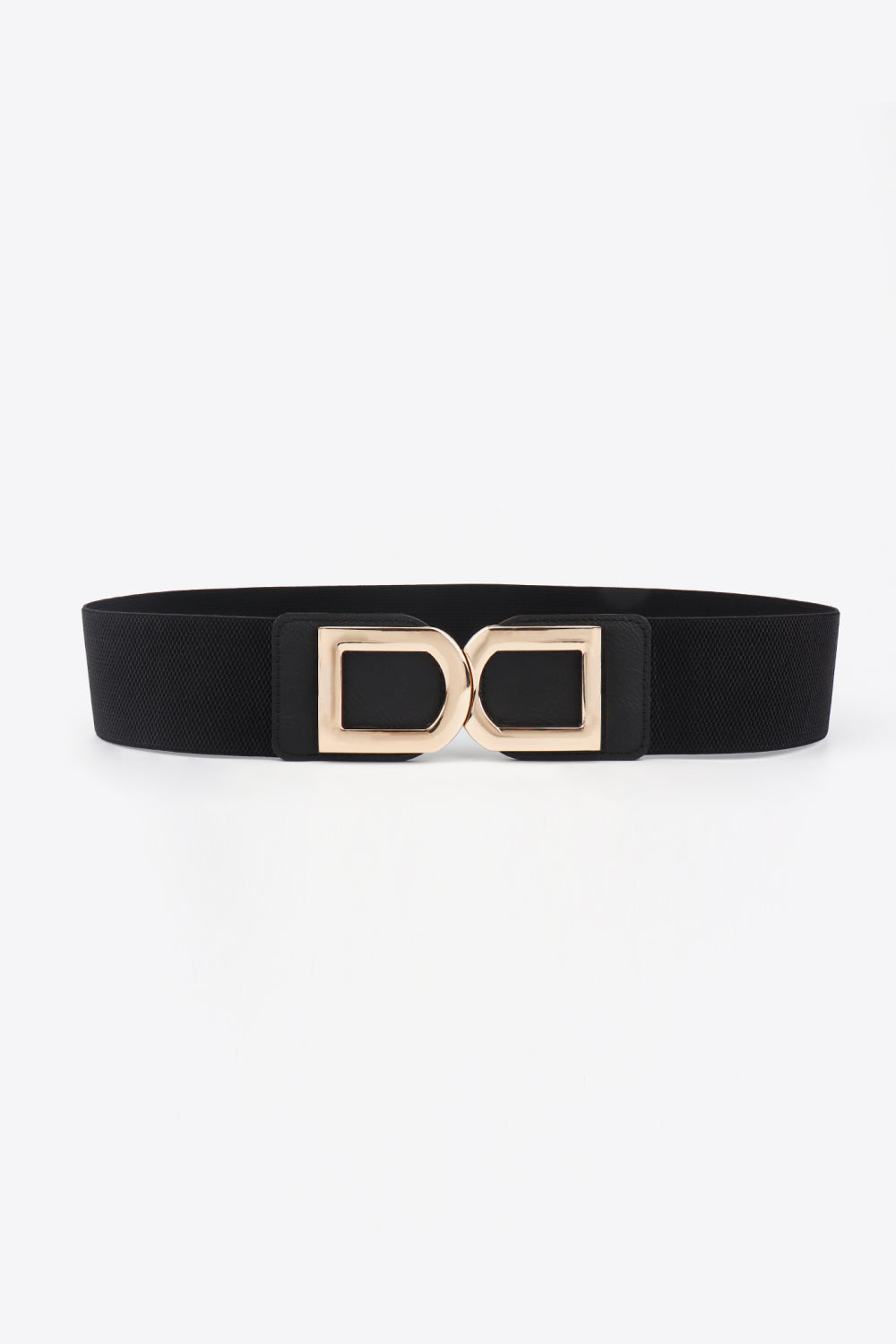 Black PU elastic belt with a wide streamlined silhouette and polished alloy double D buckle, shown front-facing as a statement waist accessory.