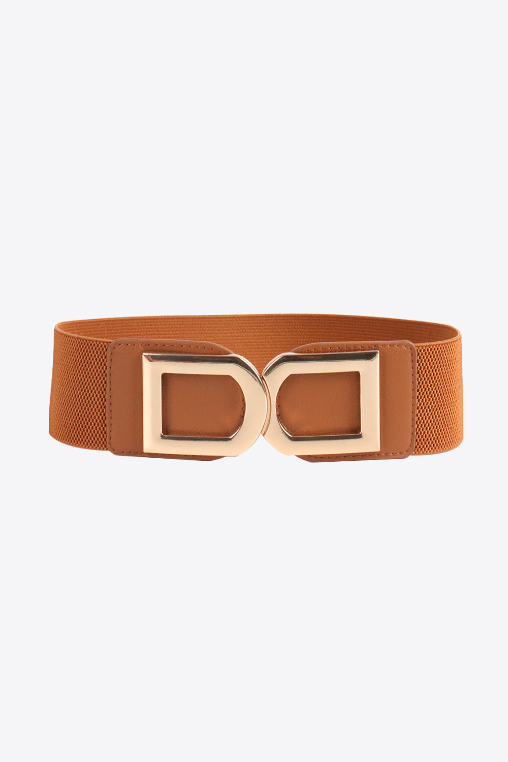 A brown PU and elastic waist belt features a wide silhouette, stitched panels, and a polished gold-tone double D-shaped alloy buckle.