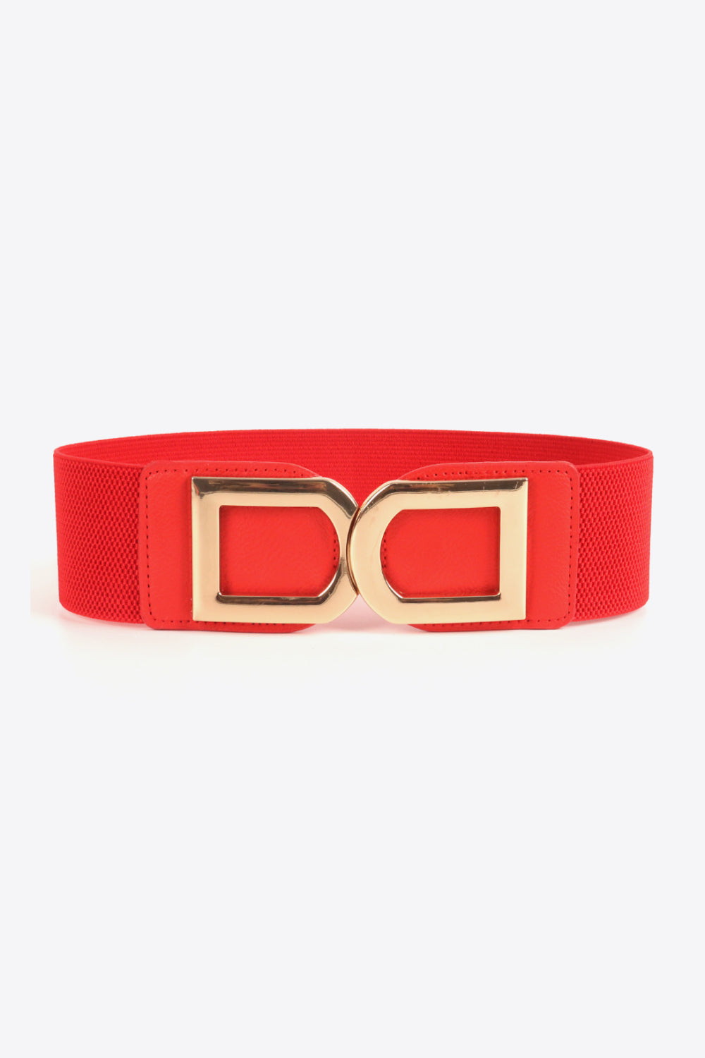 Red wide elastic PU belt featuring stitched panels and a polished gold-tone alloy double D buckle for a bold, defined-waist accent.