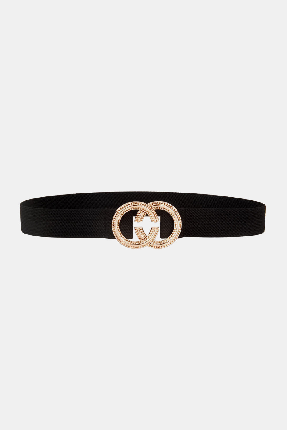 Black elastic belt with a sleek streamlined band and layered double hoop buckle in softly luminous gold-tone alloy.