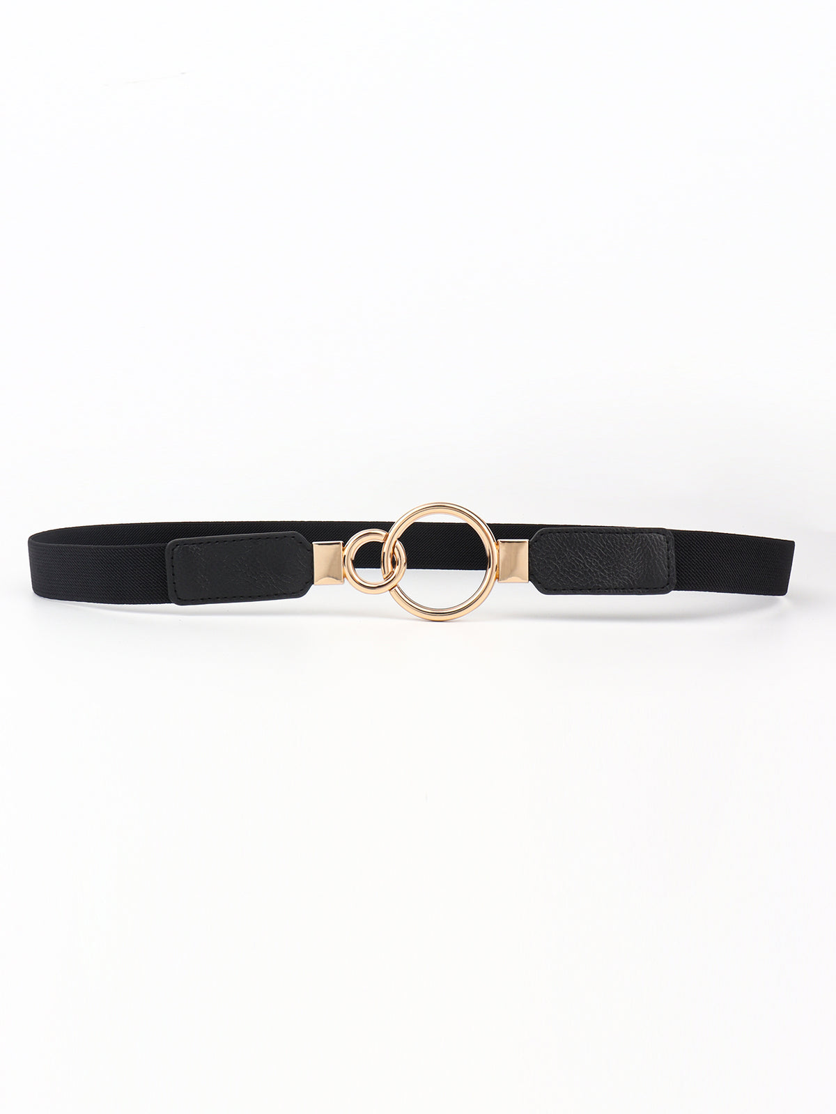 Black elastic PU belt with a sleek narrow silhouette, stitched end panels, and a distinctive gold-tone double-ring alloy buckle.