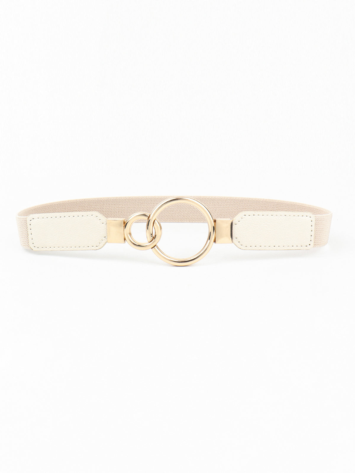 Beige elastic PU belt with stitched end panels and a polished gold-tone double-ring buckle in a streamlined 1-inch silhouette.