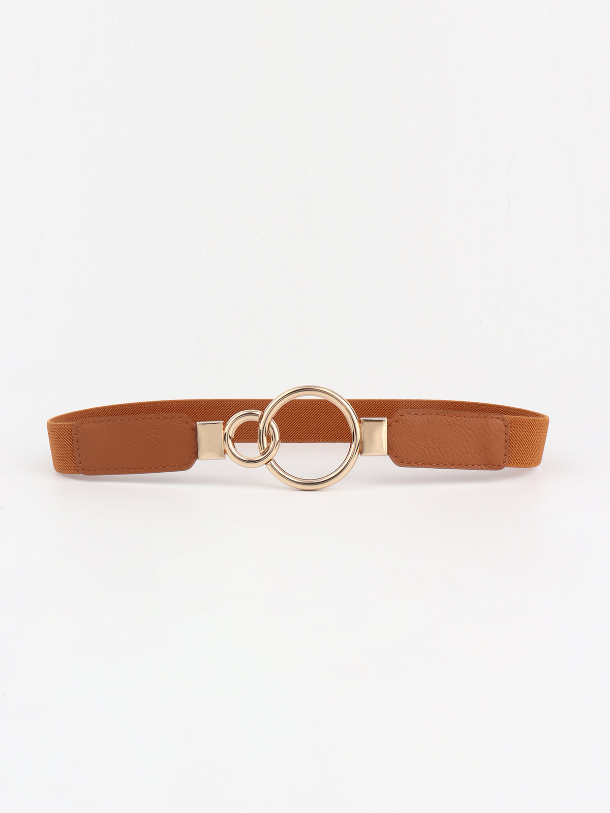 Brown elastic PU belt with stitched side panels and a polished alloy double-ring buckle, featuring a streamlined 1-inch profile and flexible construction.