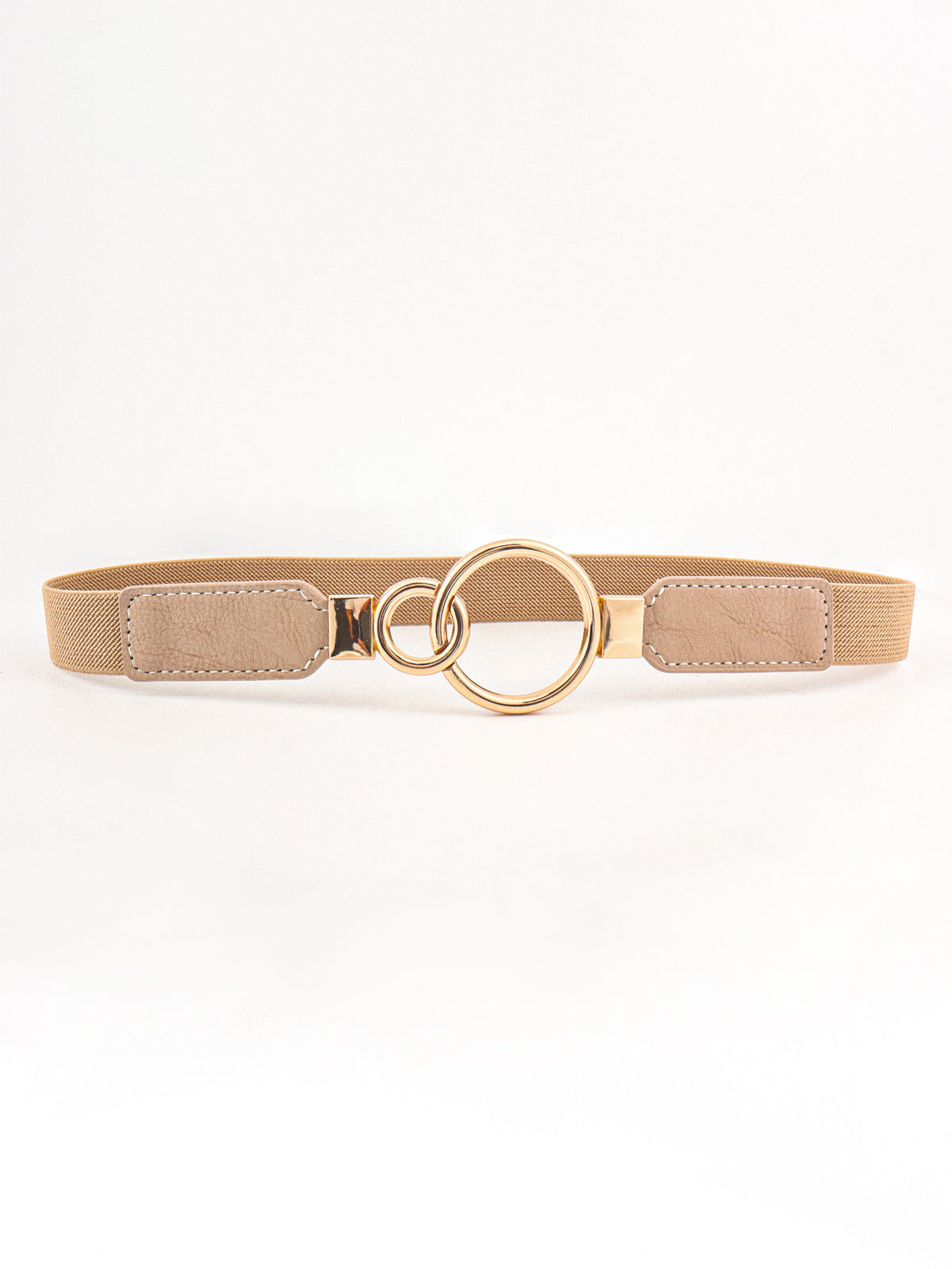 Tan elastic PU belt with stitched rectangular panels and a statement double-ring gold-tone alloy buckle, shown flat to highlight its streamlined waist-defining design.