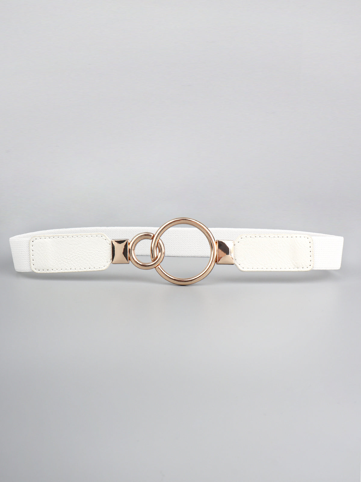 White elastic PU belt with stitched panels and a distinctive double-ring gold-tone alloy buckle for defining the waist.