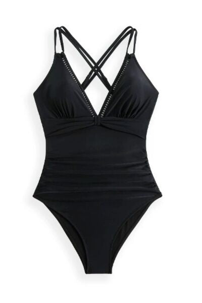 Black double spaghetti strap one-piece swimwear with crisscross straps, a gathered bust, ruched waist, and smooth stretchy silhouette.
