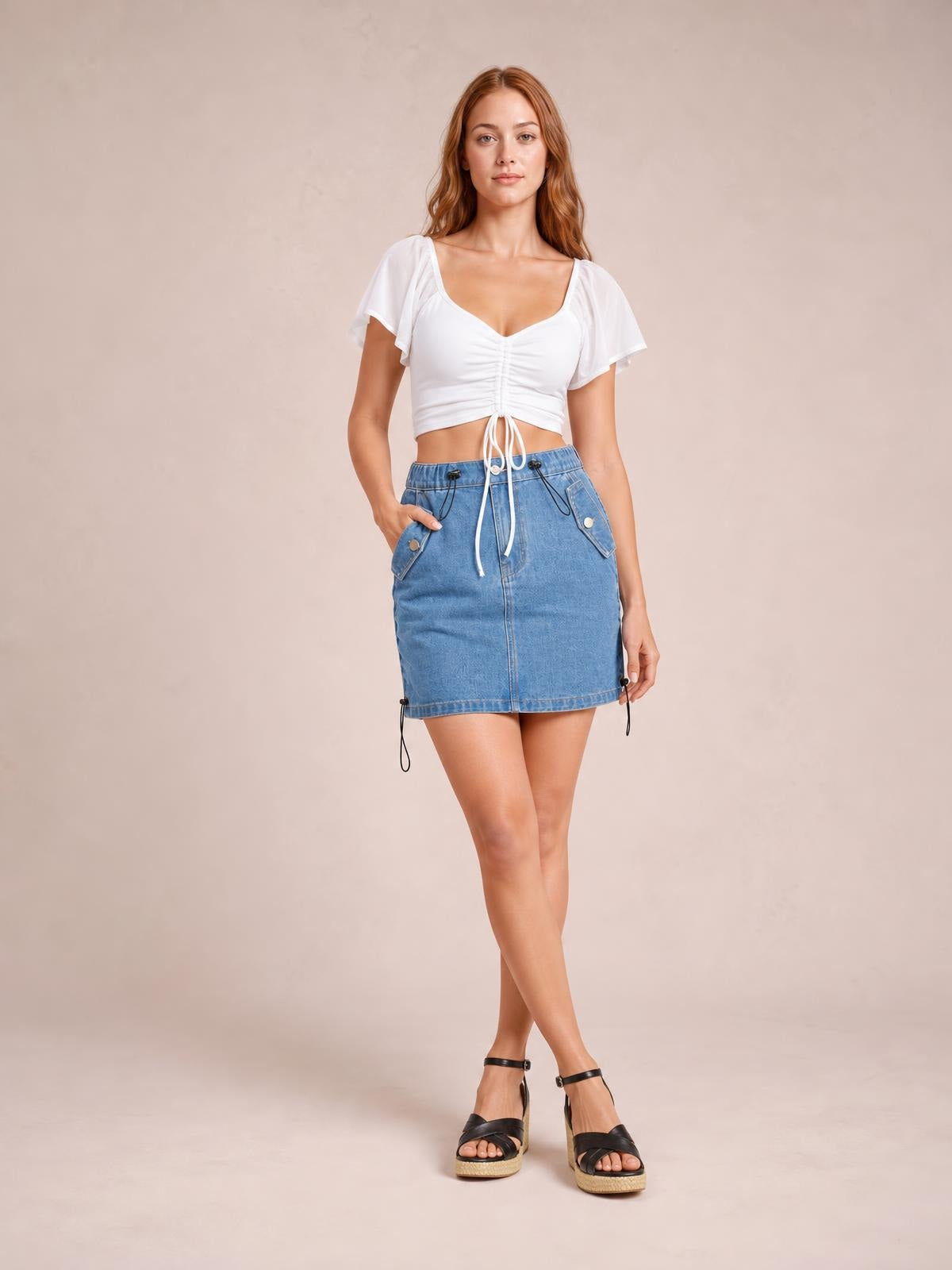 A model poses with crossed legs in a light blue denim mini skirt featuring a drawstring waist, button details, front patch pockets, and a straight silhouette.