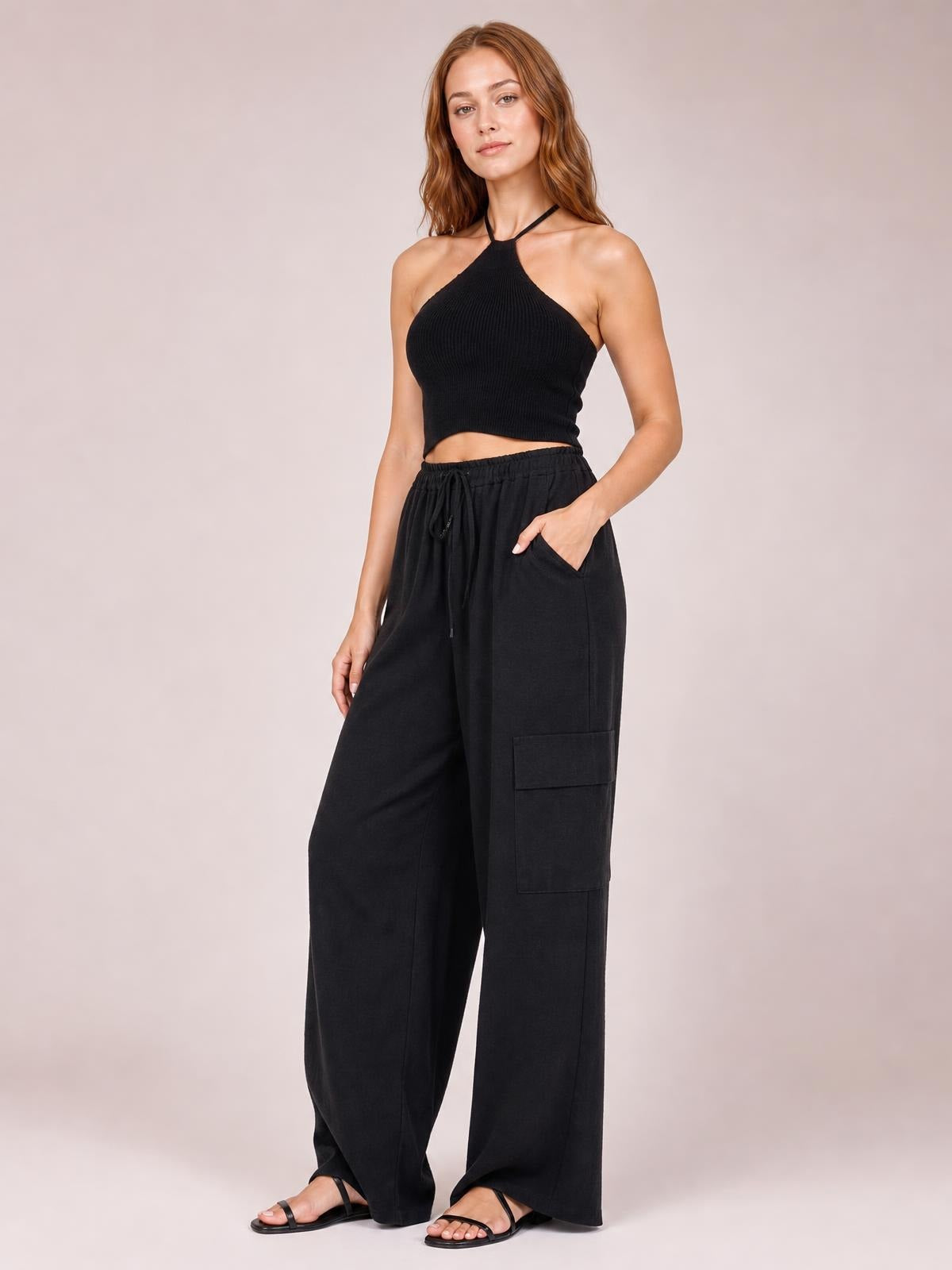 Drawstring Frilled Waist Wide Leg Utility Trousers · Studio Prop Pose