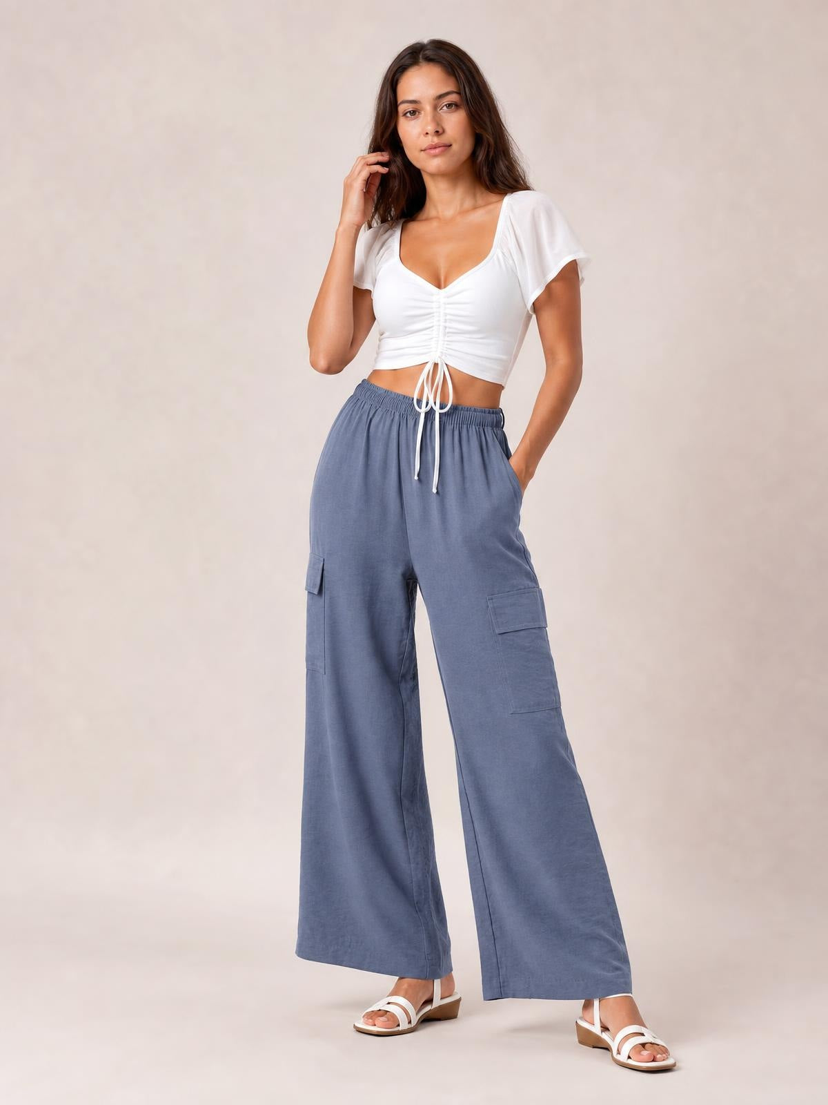 Drawstring Frilled Waist Wide Leg Utility Trousers · Medium / Three-Quarter