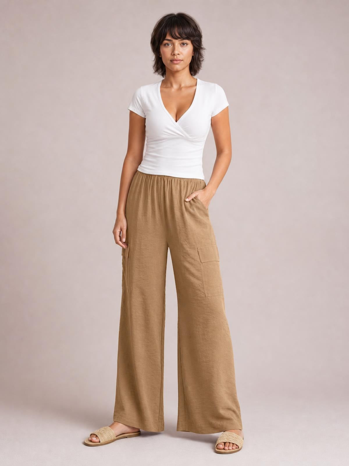 Drawstring Frilled Waist Wide Leg Utility Trousers · Hero Full Body