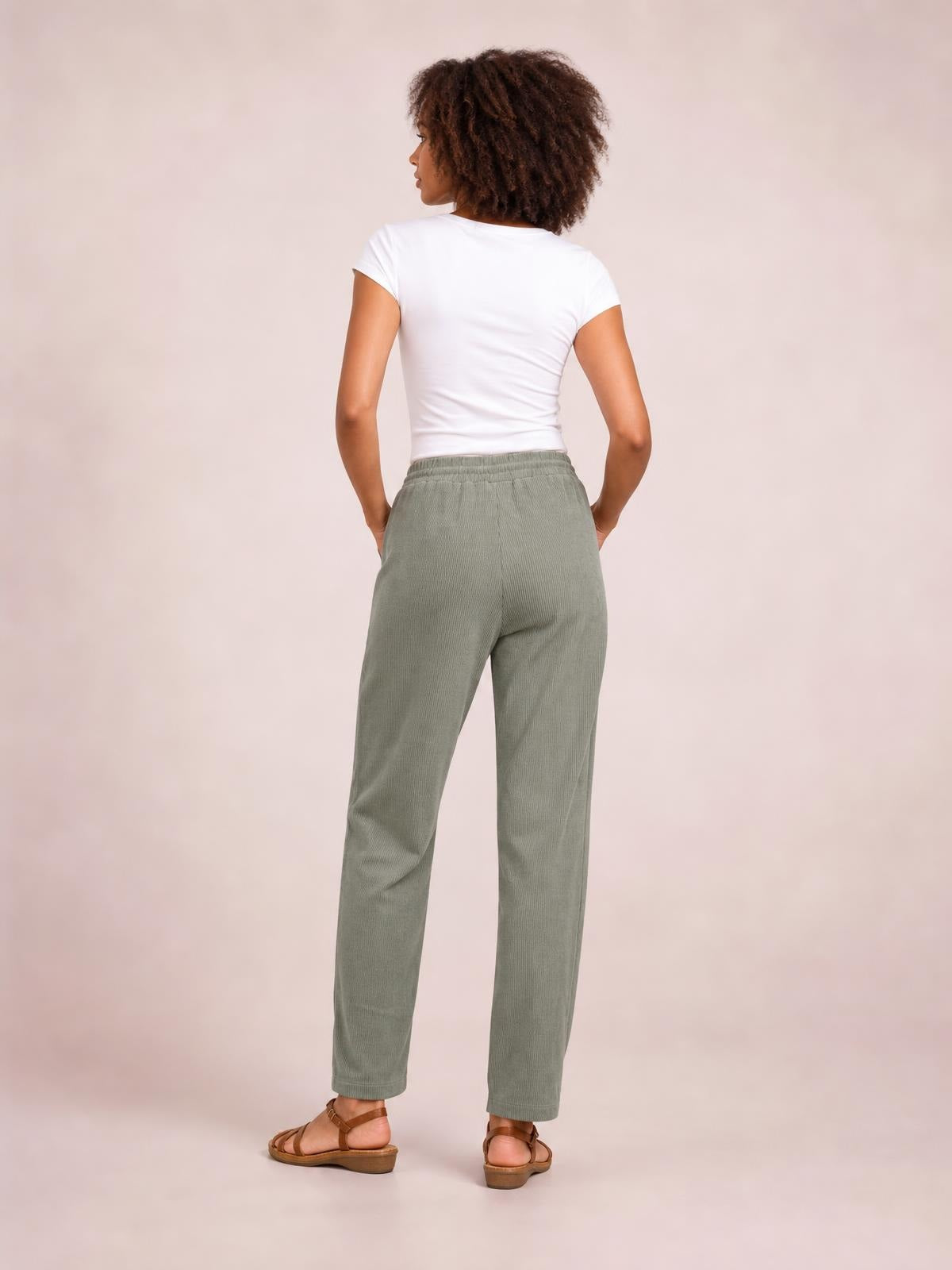 Model shown from behind wearing sage green drawstring straight pants with an elastic waist and relaxed, full-length silhouette.