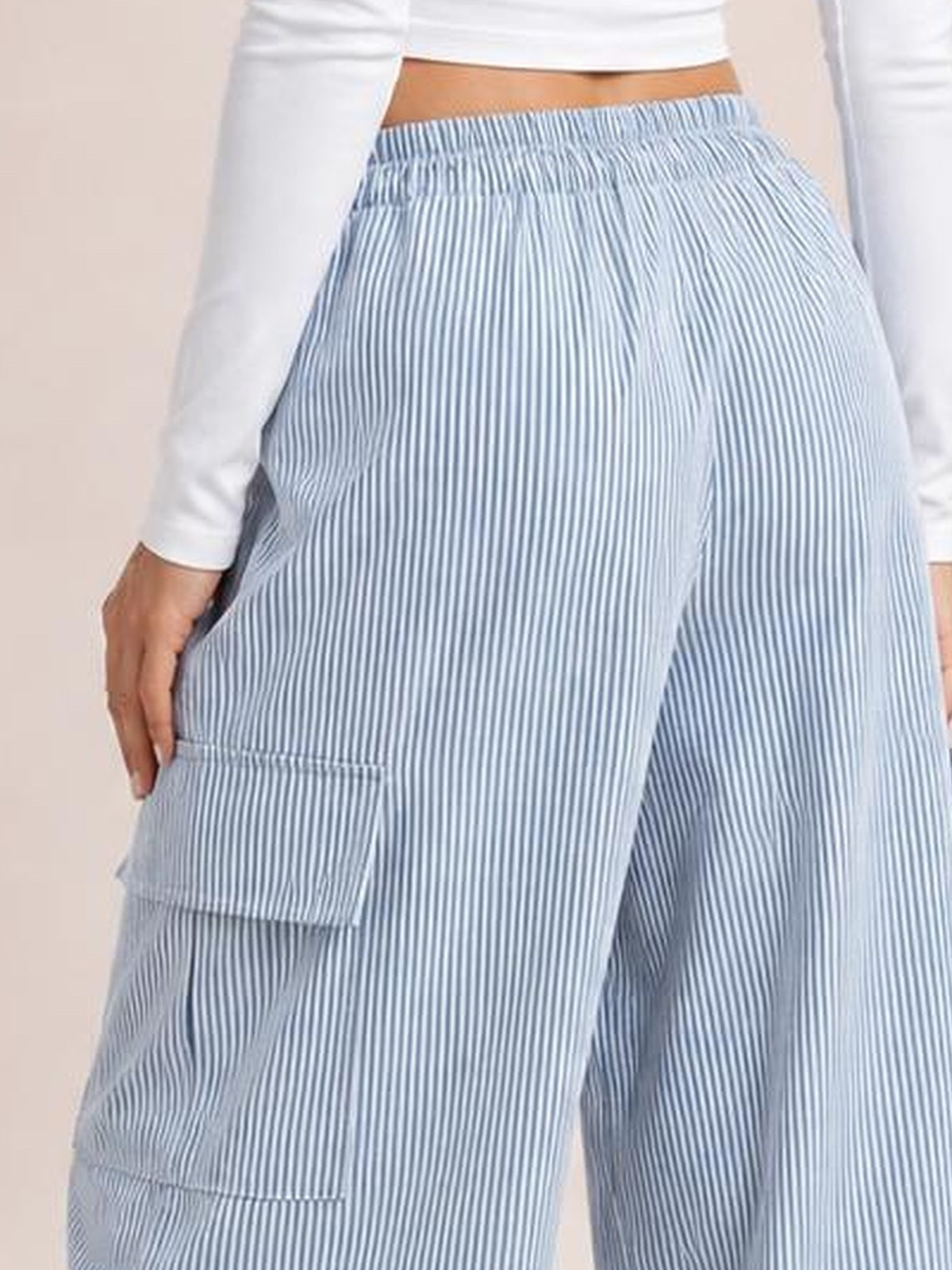 Drawstring Striped Wide Leg Cargo Pants · Back View · Full / Three-Quarter