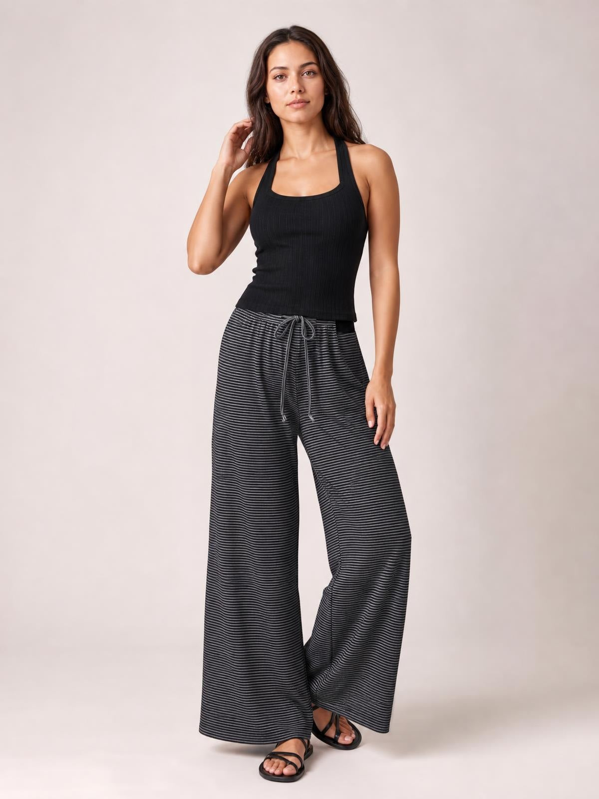 Drawstring Striped Wide Leg Pants · Medium / Three-Quarter