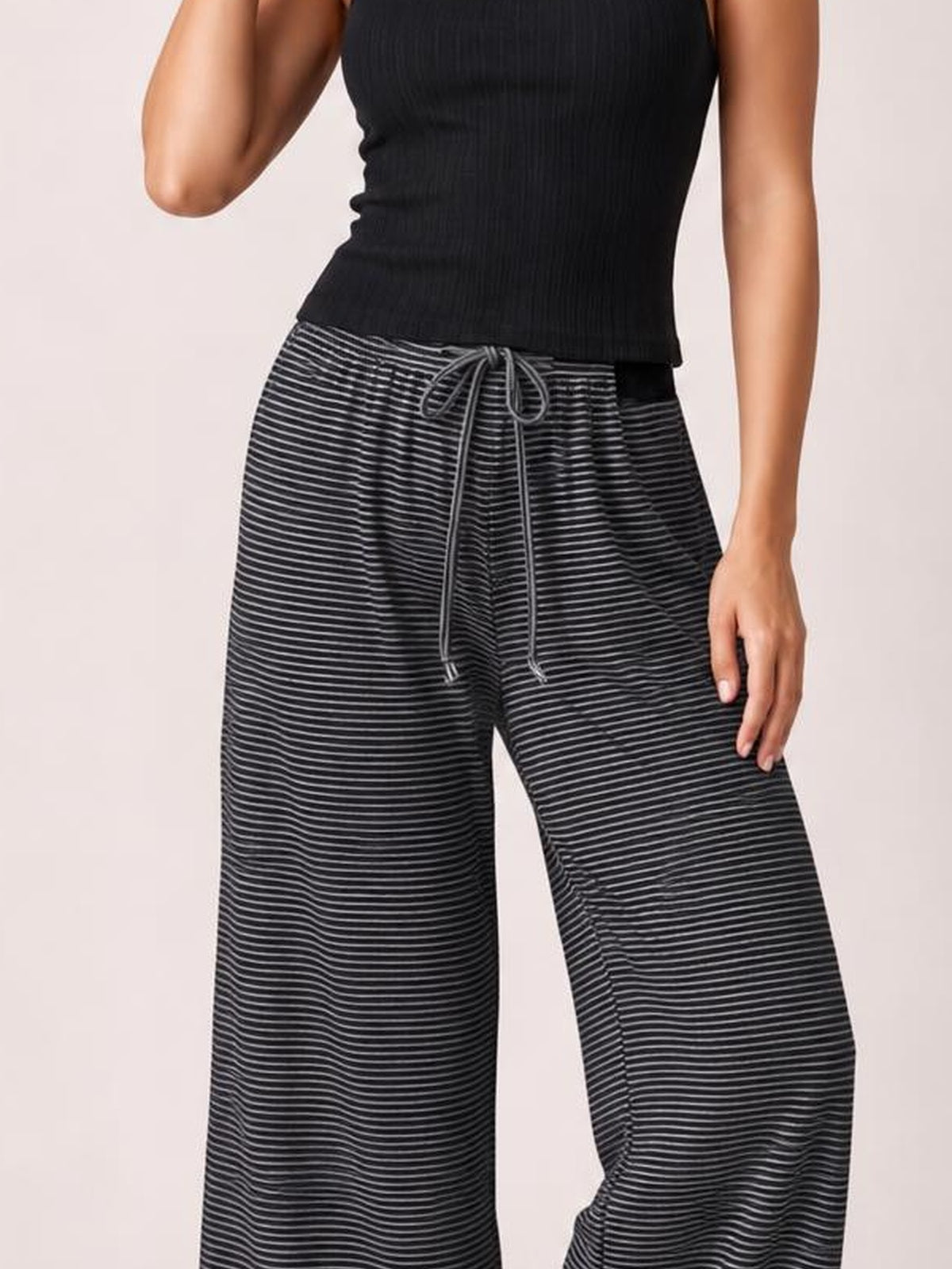 Drawstring Striped Wide Leg Pants · Medium / Three-Quarter