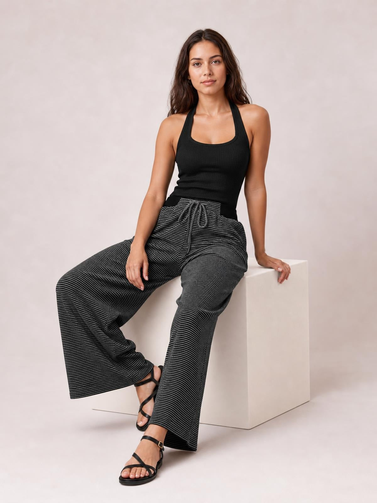 Drawstring Striped Wide Leg Pants · Natural Movement