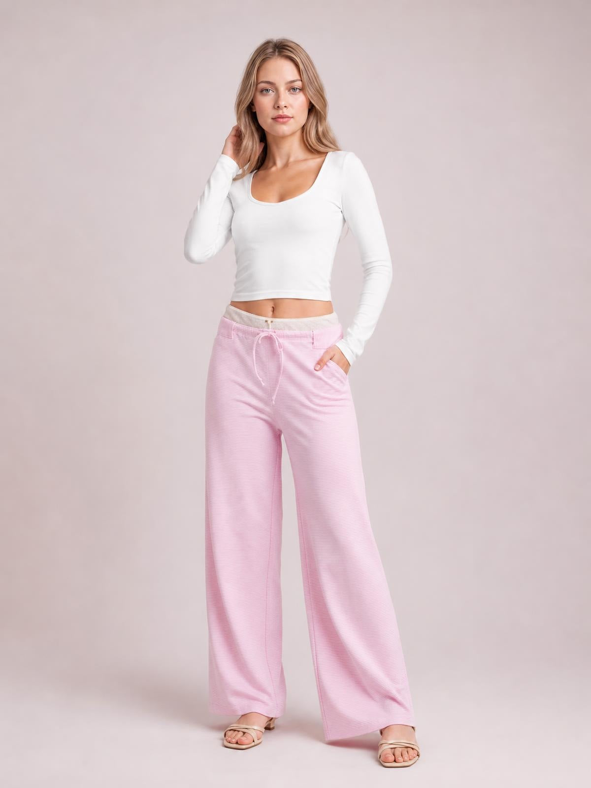 Drawstring Striped Wide Leg Pants · Medium / Three-Quarter