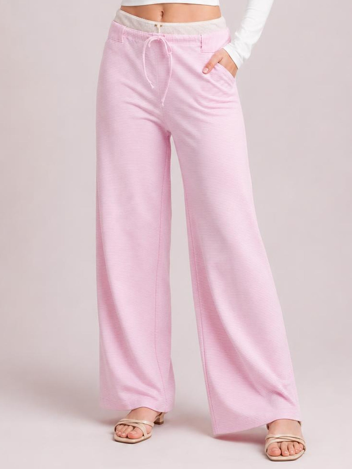 Drawstring Striped Wide Leg Pants · Medium / Three-Quarter