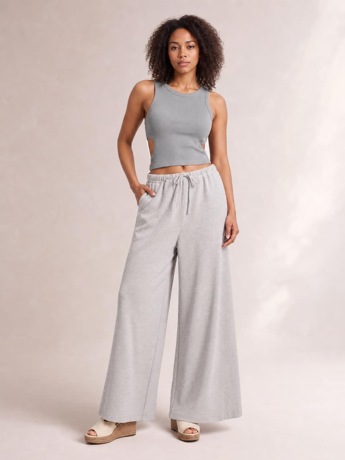 Drawstring Striped Wide Leg Pants · Hero Full Body