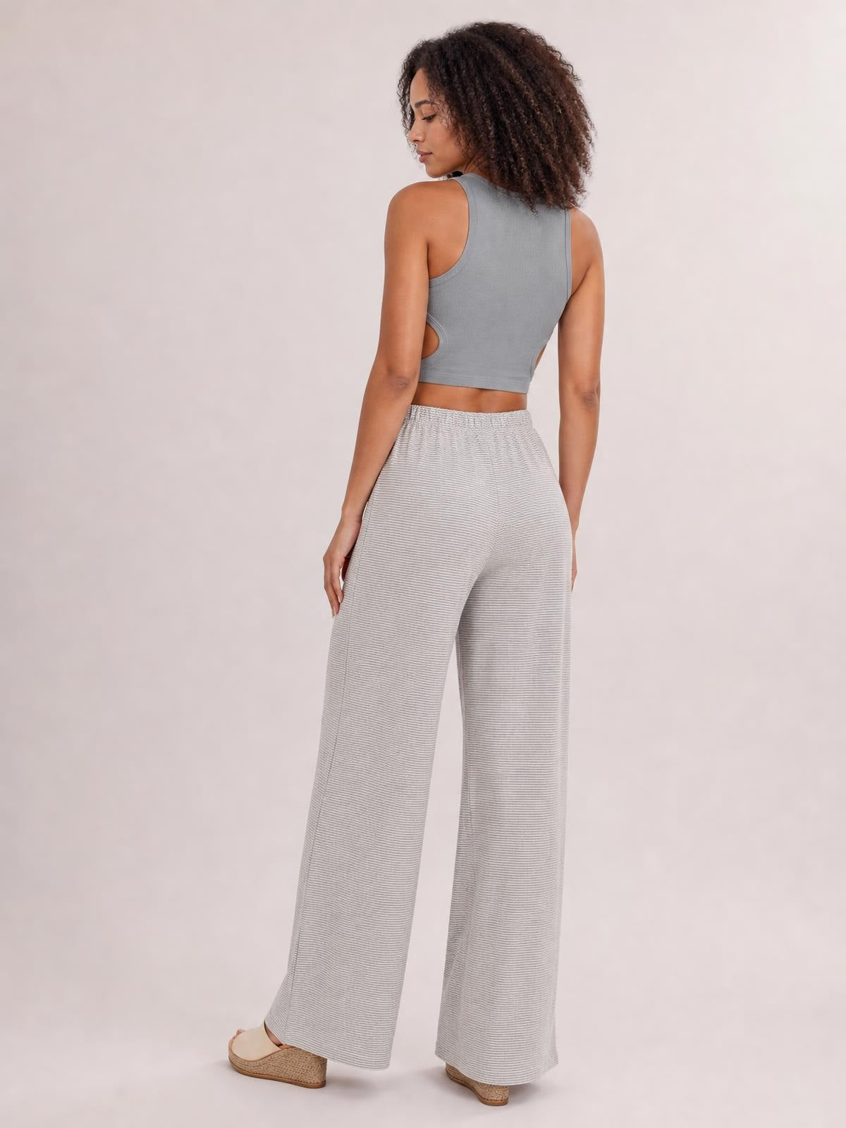 Drawstring Striped Wide Leg Pants · Back View