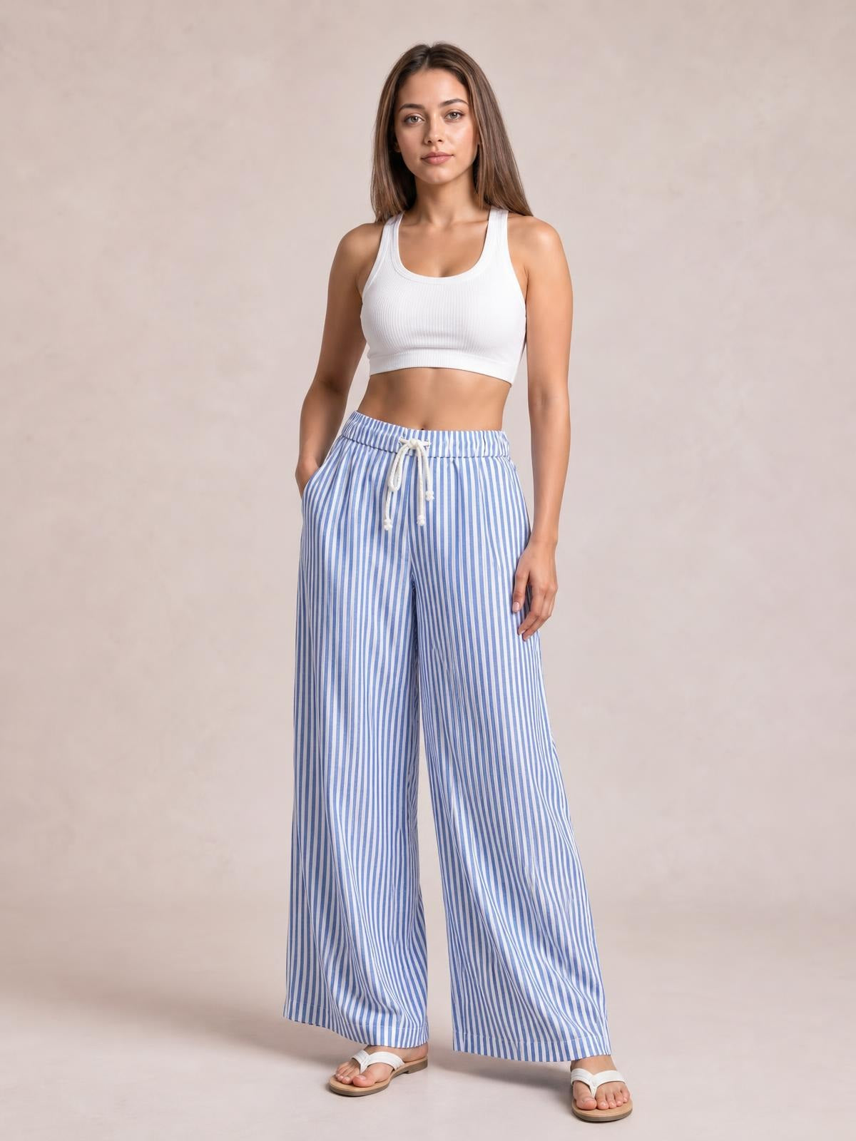 Drawstring Striped Wide Leg Pants · Hero Full Body