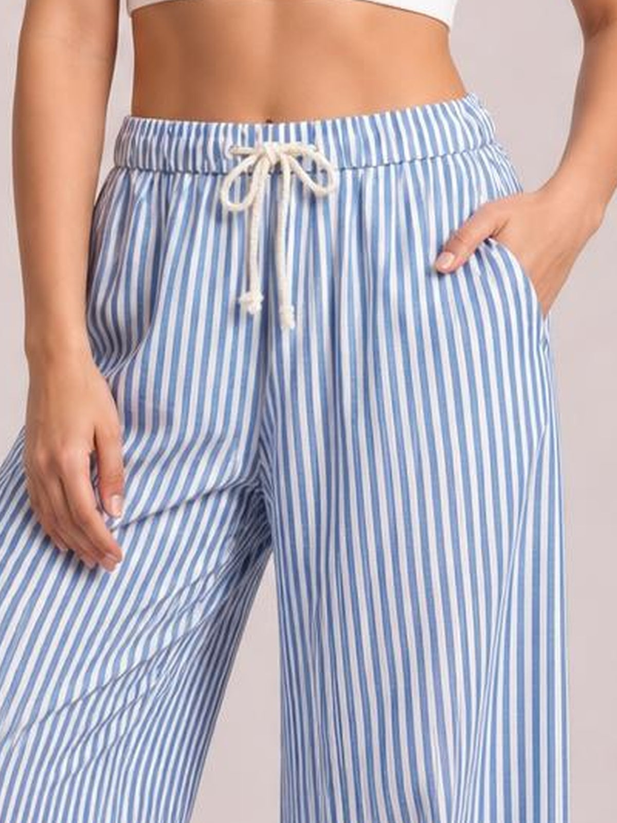 Drawstring Striped Wide Leg Pants · Medium-Close Editorial · Hip / Waist Up