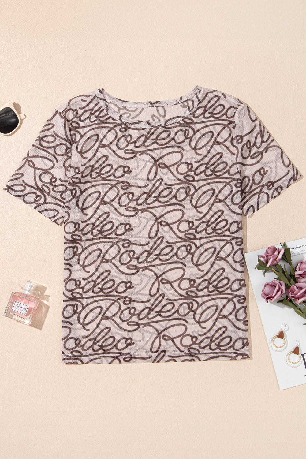 Printed Round Neck Short Sleeve Mesh T-Shirt