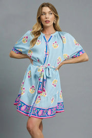 Floral Print Tie Waist Short Sleeve Dress - Buttoned & Tied.