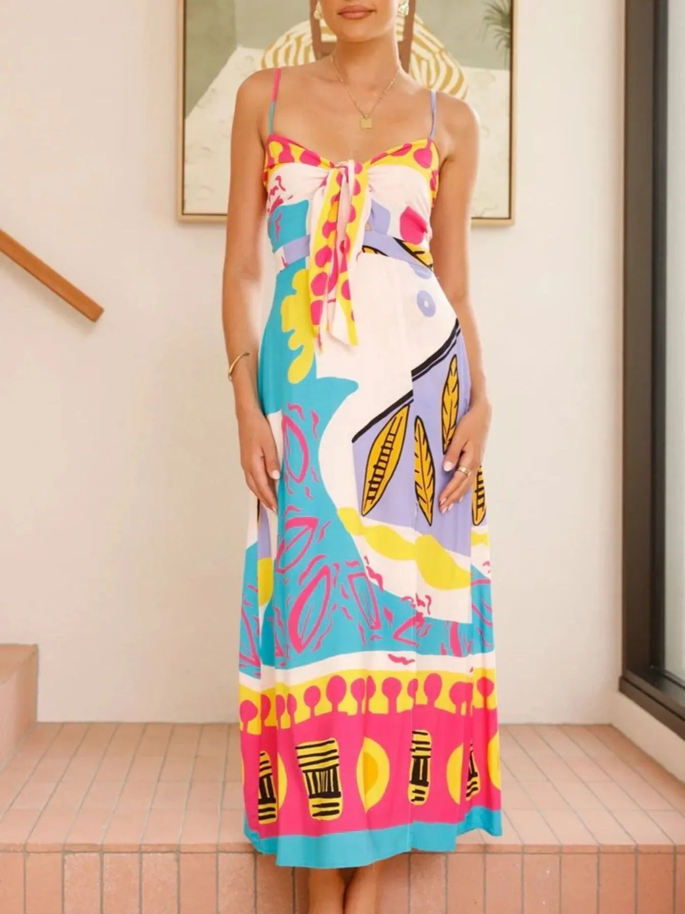 Tie-Dye Tie Waist Wrap Dress with Slit.