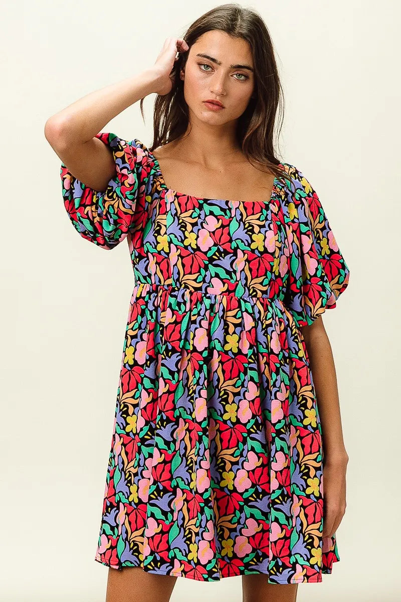 Floral Print Ruffled Hem Dress - Cutout & Tied.