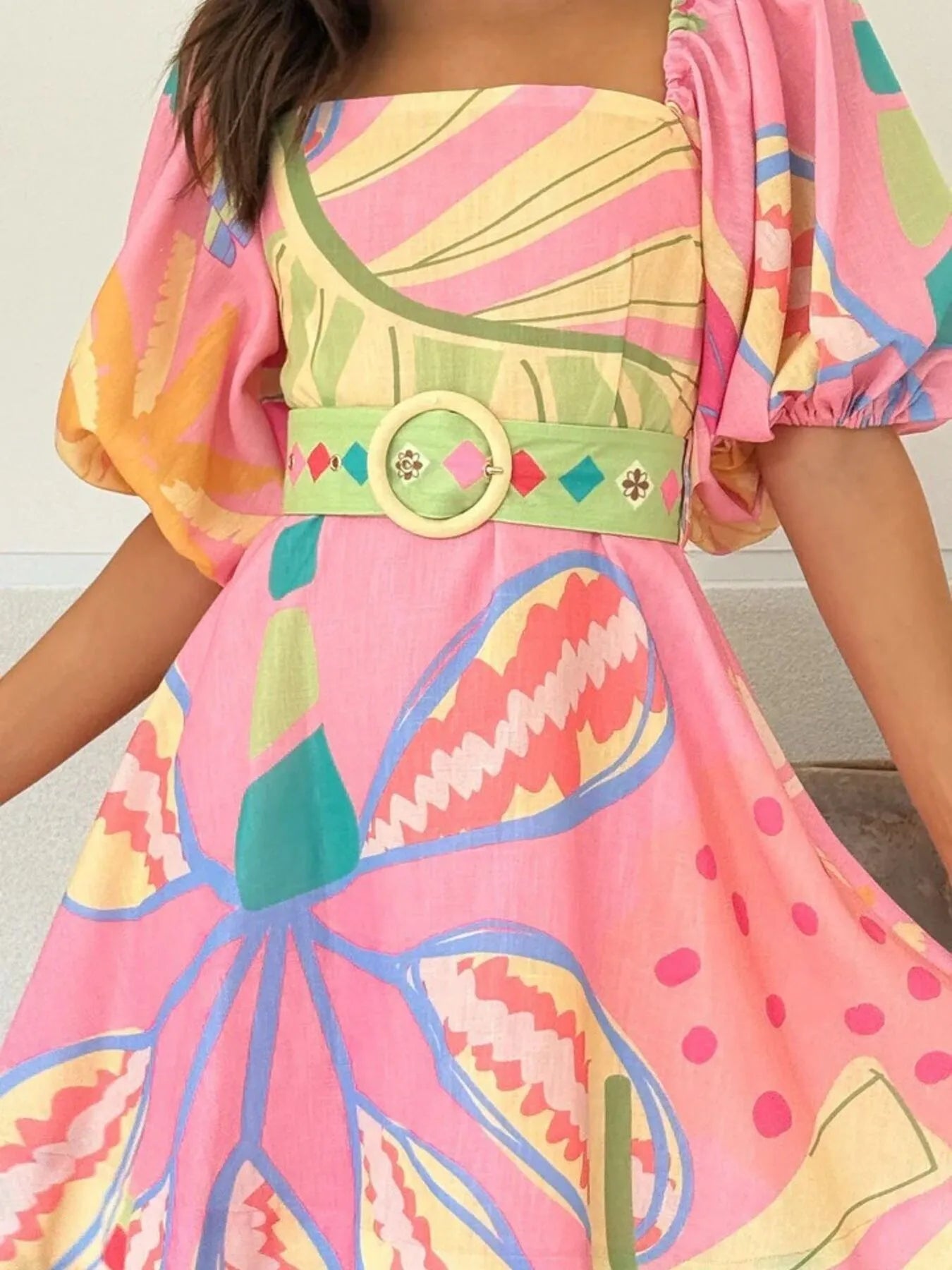 Colorful Print Belted Mini Dress with Puff Sleeves.